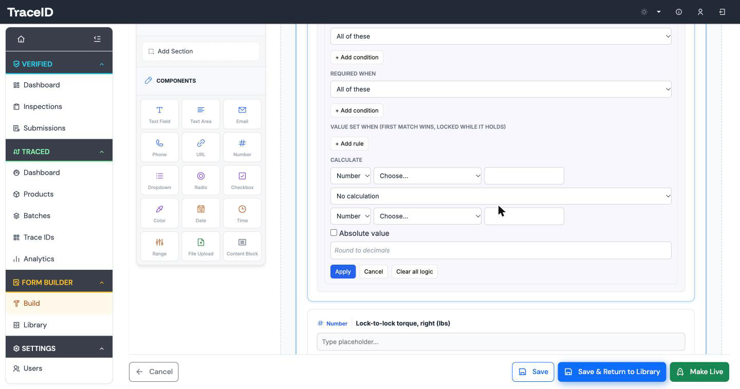 The Logic panel in the Verified Form Builder for a number field: show-when, required-when, set-value and calculate rules